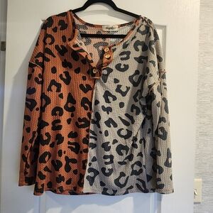 Haptex Women's Leopard Print Button Blouse - Orange and Gray